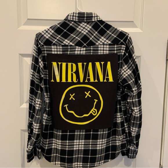 Custom made Nirvana graphic on Black and White Flannel Pearl Snap Shirt Sz S - Picture 2 of 7